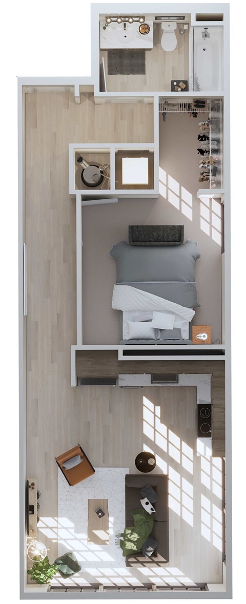 Floor plan for 1 bed, 1 bath, 674 sqft